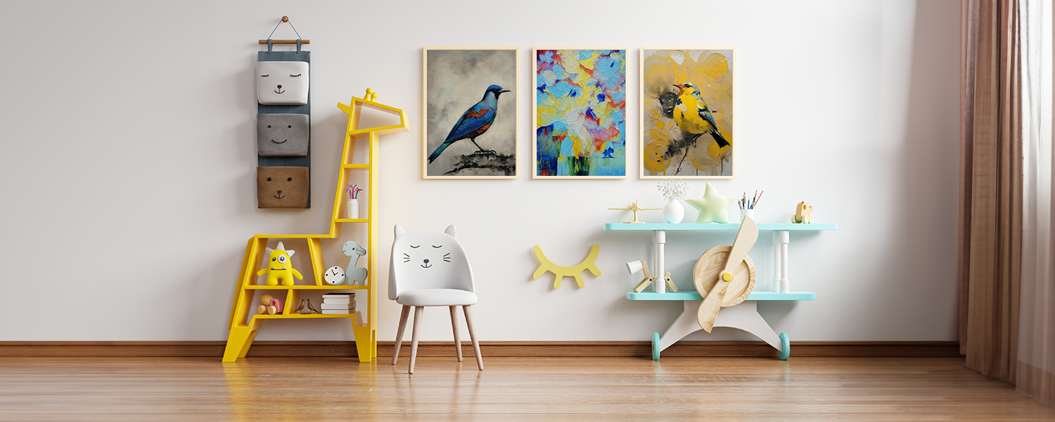 Colorful and playful children's room with bird-themed wall art, a giraffe-shaped bookshelf, and a cozy chair, creating a fun and inviting atmosphere.