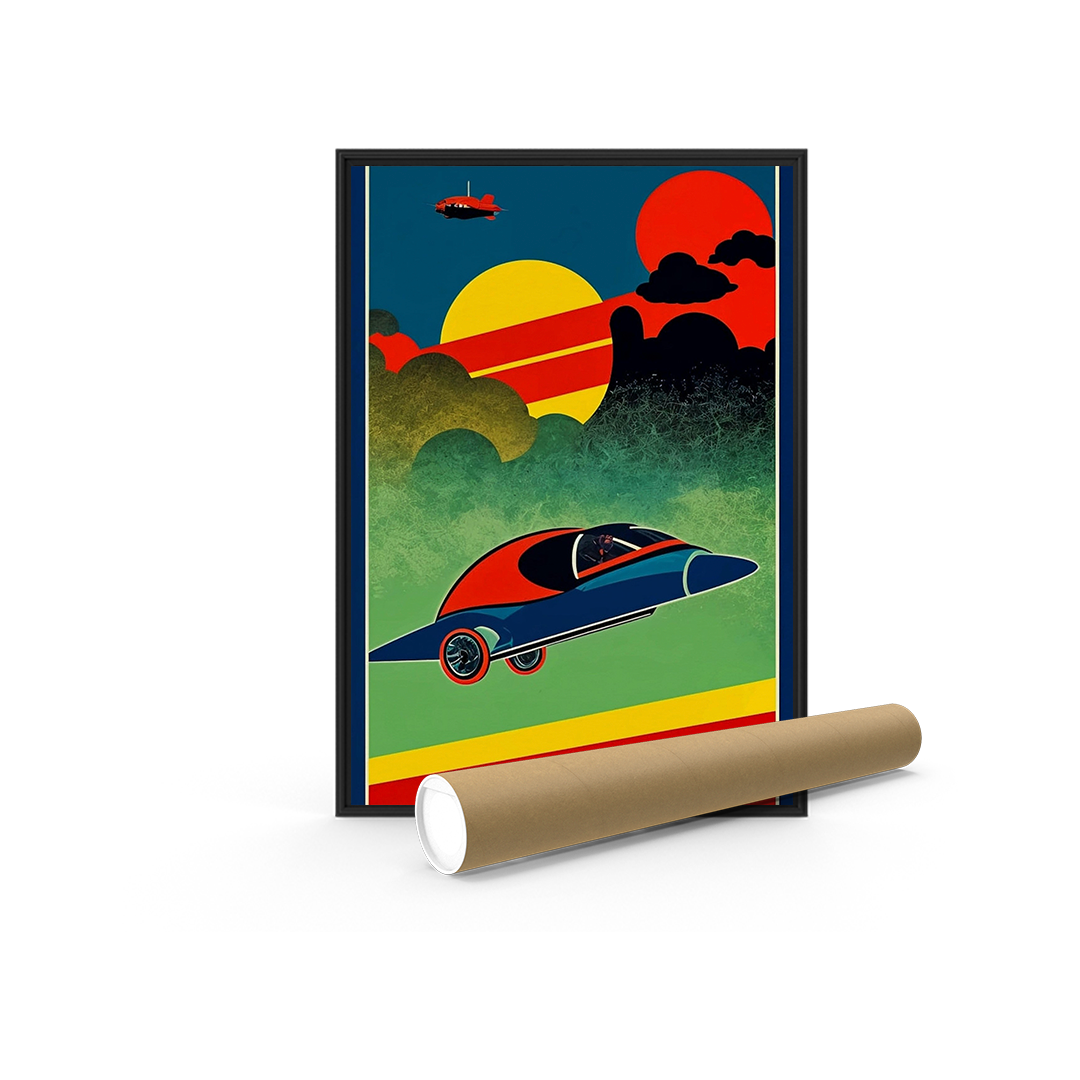 Retro-futuristic illustration of a flying car with bold colors and a sunset background, packaged in a rolled-up art print.