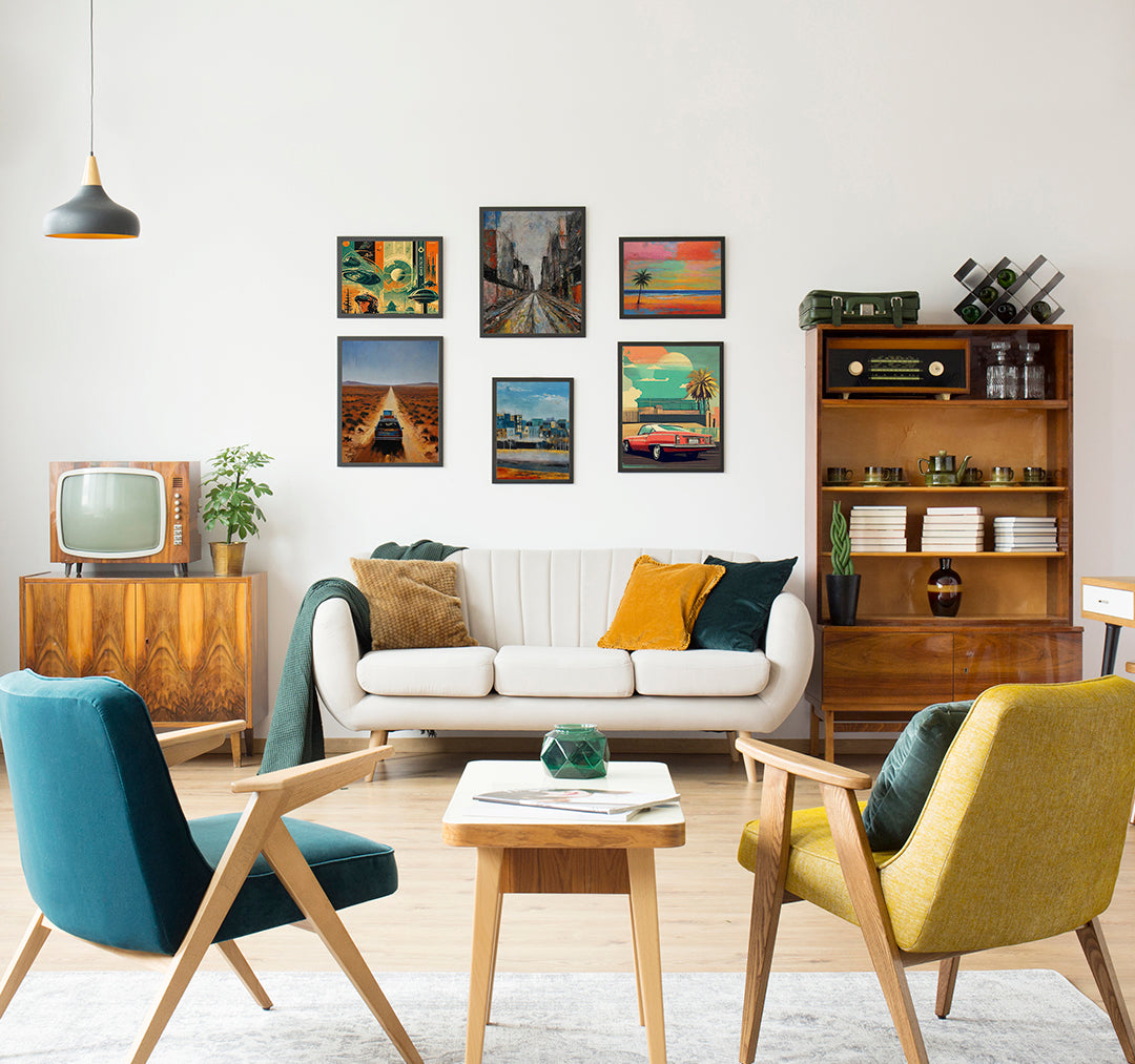 Retro-inspired living room with a white sofa, colorful accent chairs, vintage TV, and a gallery wall featuring travel-themed artwork and scenic prints.
