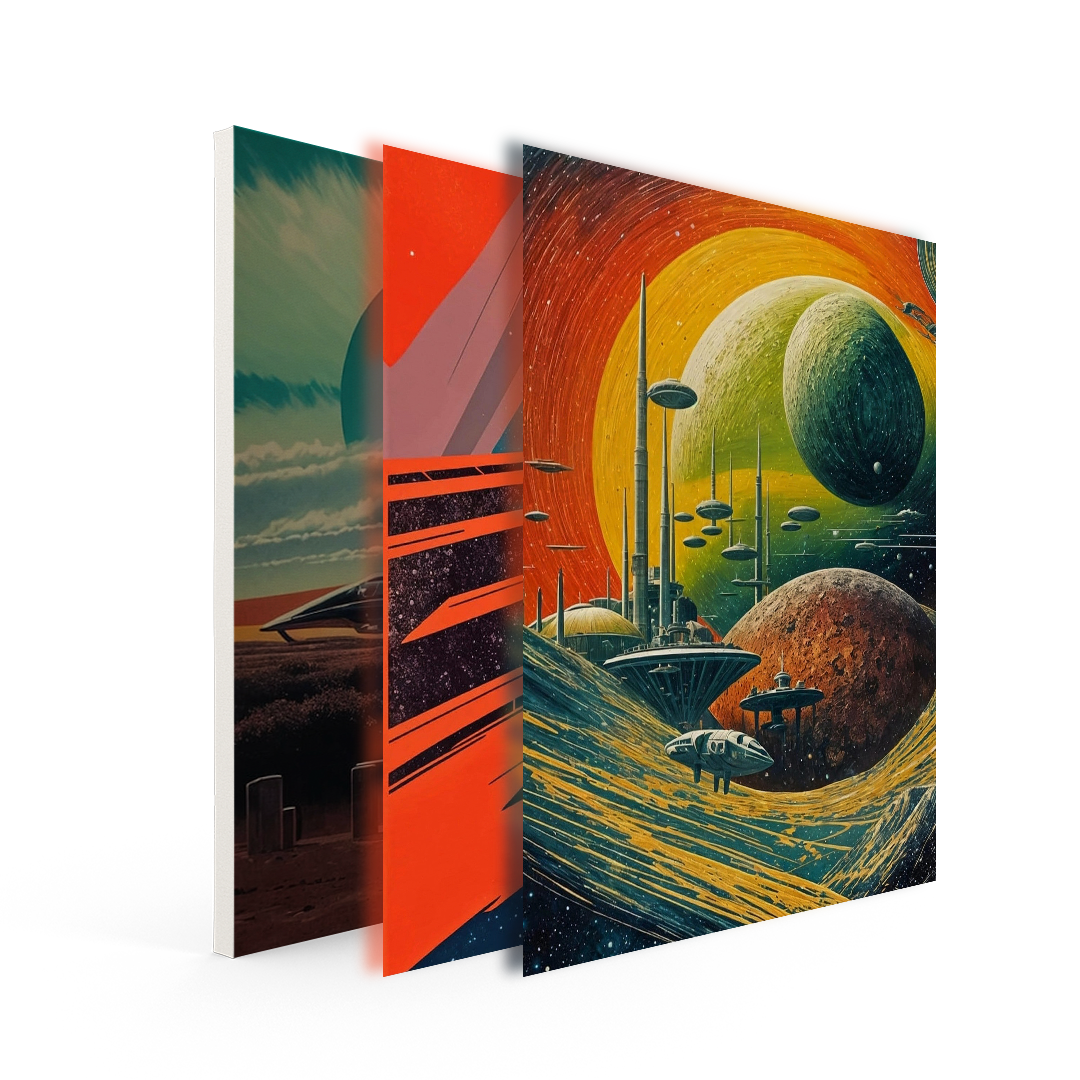 Trio of sci-fi art prints showcasing futuristic and space-themed designs with vibrant colors and imaginative details, highlighting the wonders of outer space.