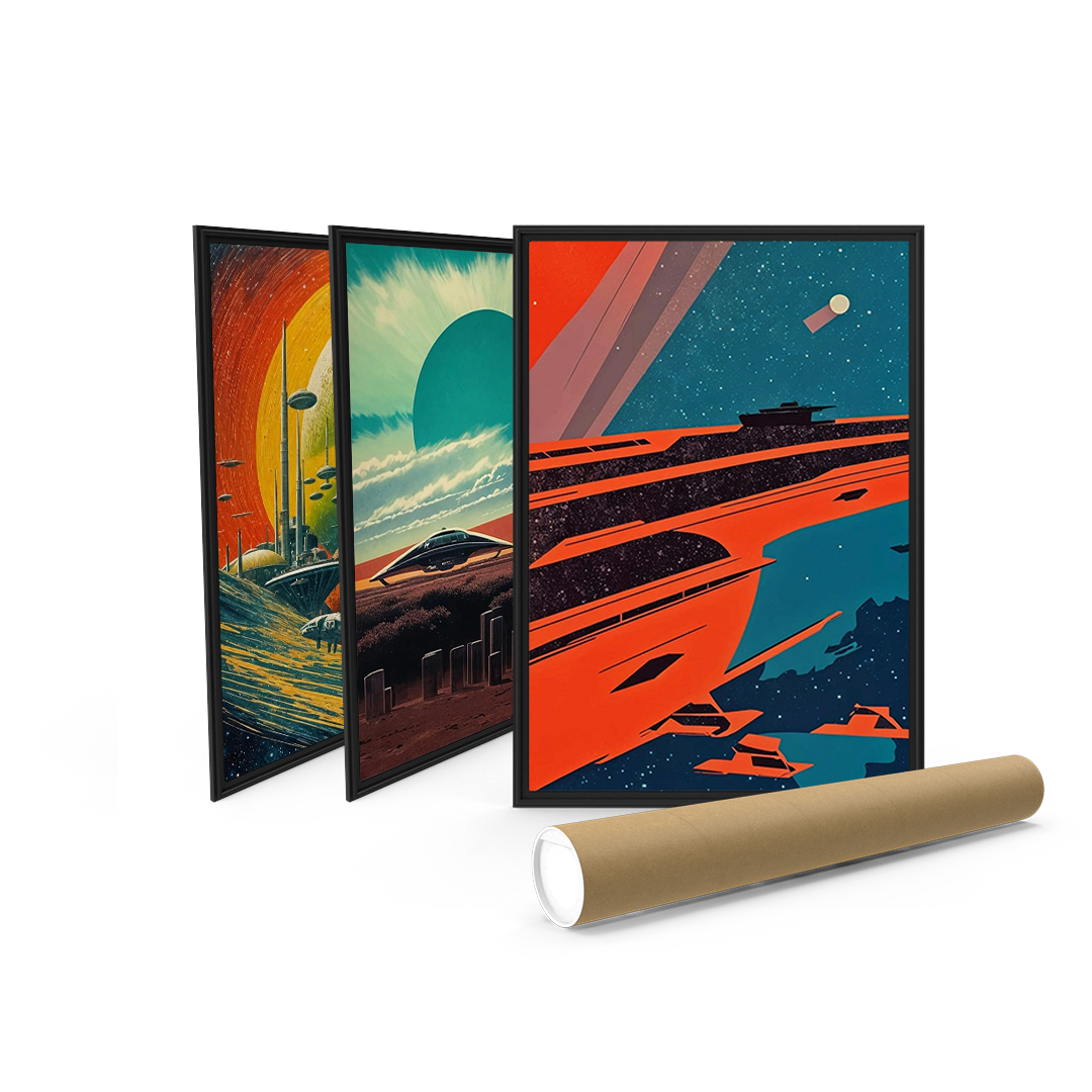 Collection of sci-fi artwork prints featuring futuristic and space-themed designs, with a rolled-up poster tube in the foreground.