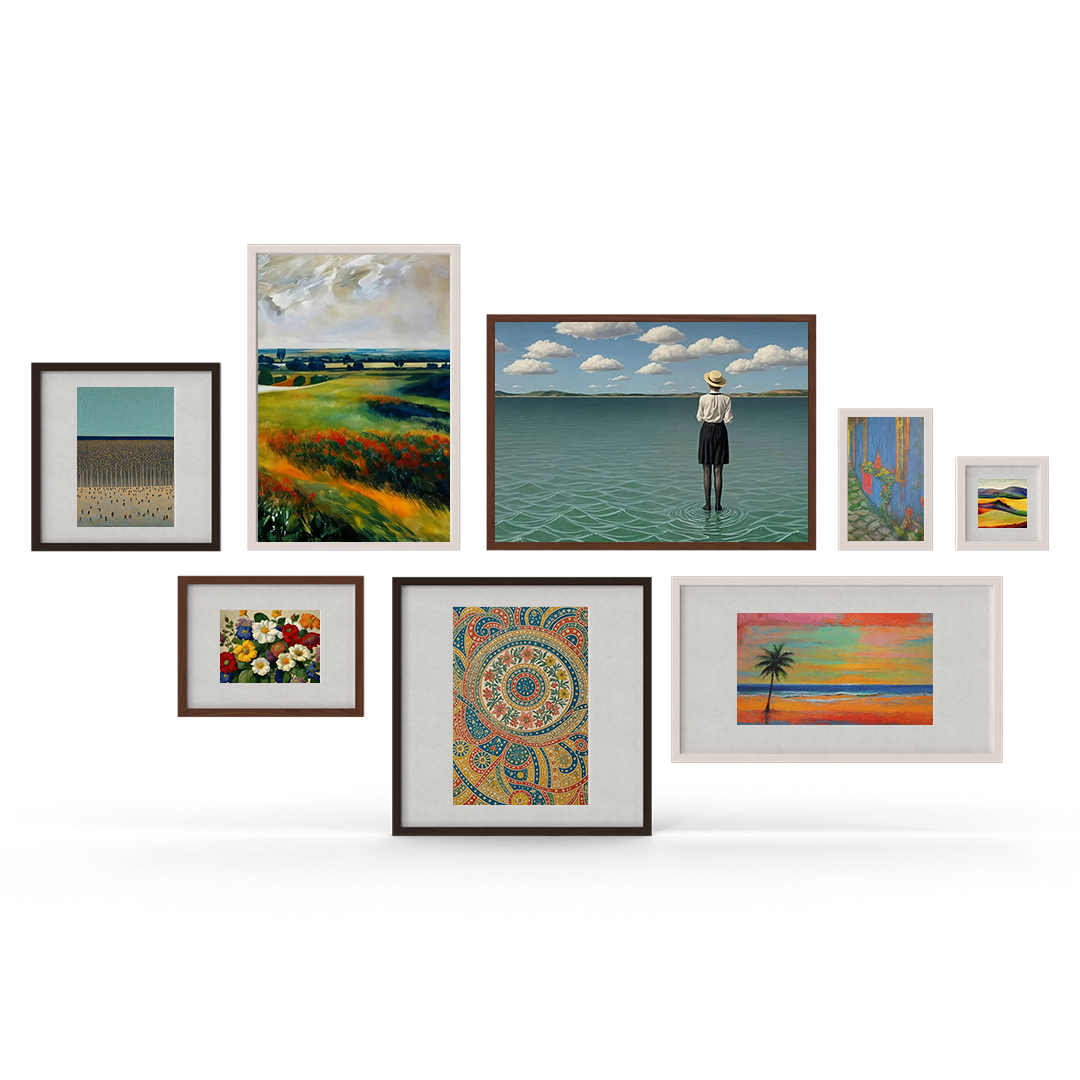 A diverse collection of framed artwork featuring landscapes, abstract patterns, and floral designs, showcasing a wide range of styles for home decor.
