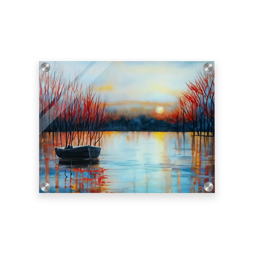 Framed wall art of a serene sunset over a calm lake with a boat and bare trees reflecting in the water, evoking tranquility and nature-inspired beauty.