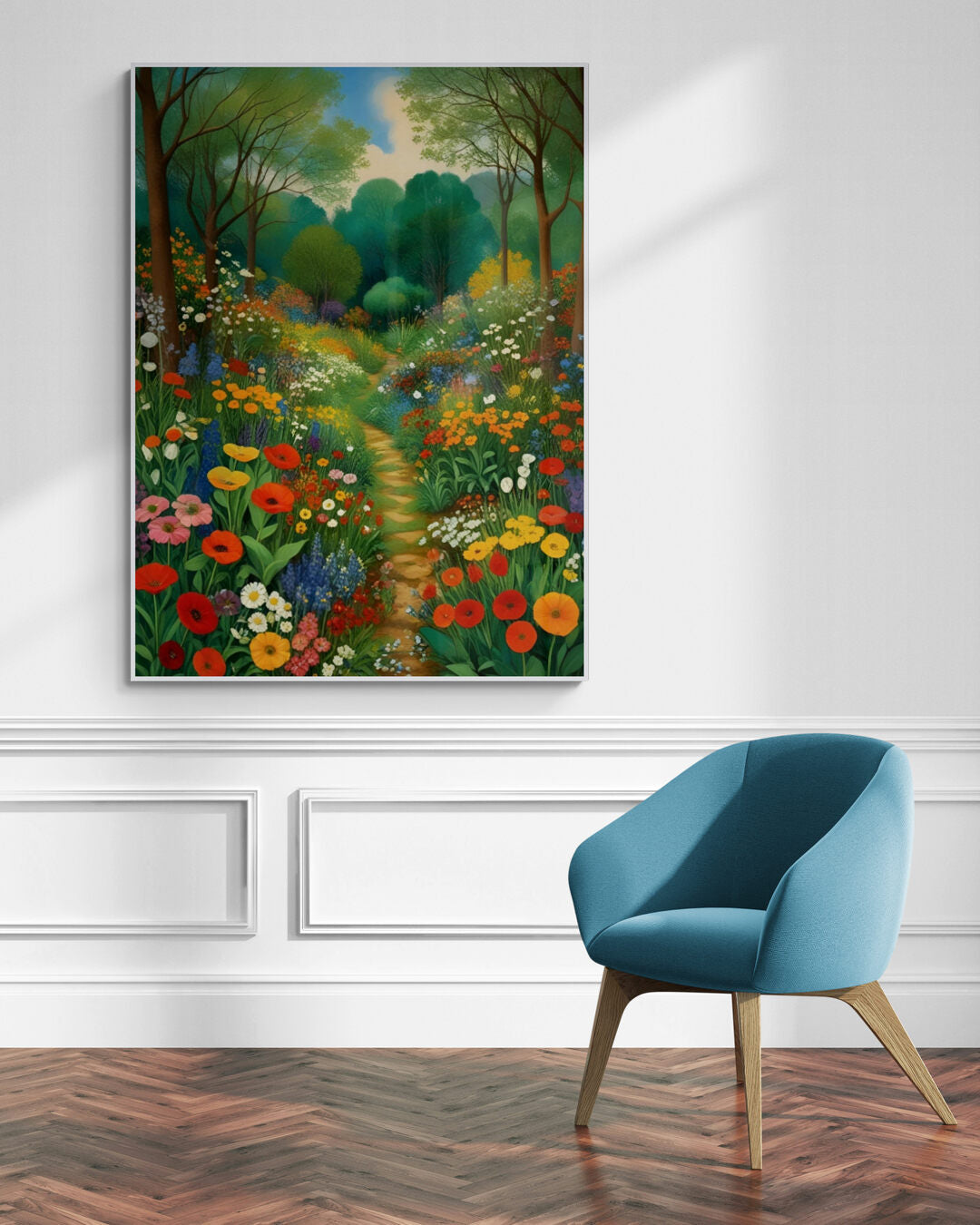 Vibrant spring forest path wall art with colorful wildflowers, framed and hung above a modern blue accent chair in a minimalist room.