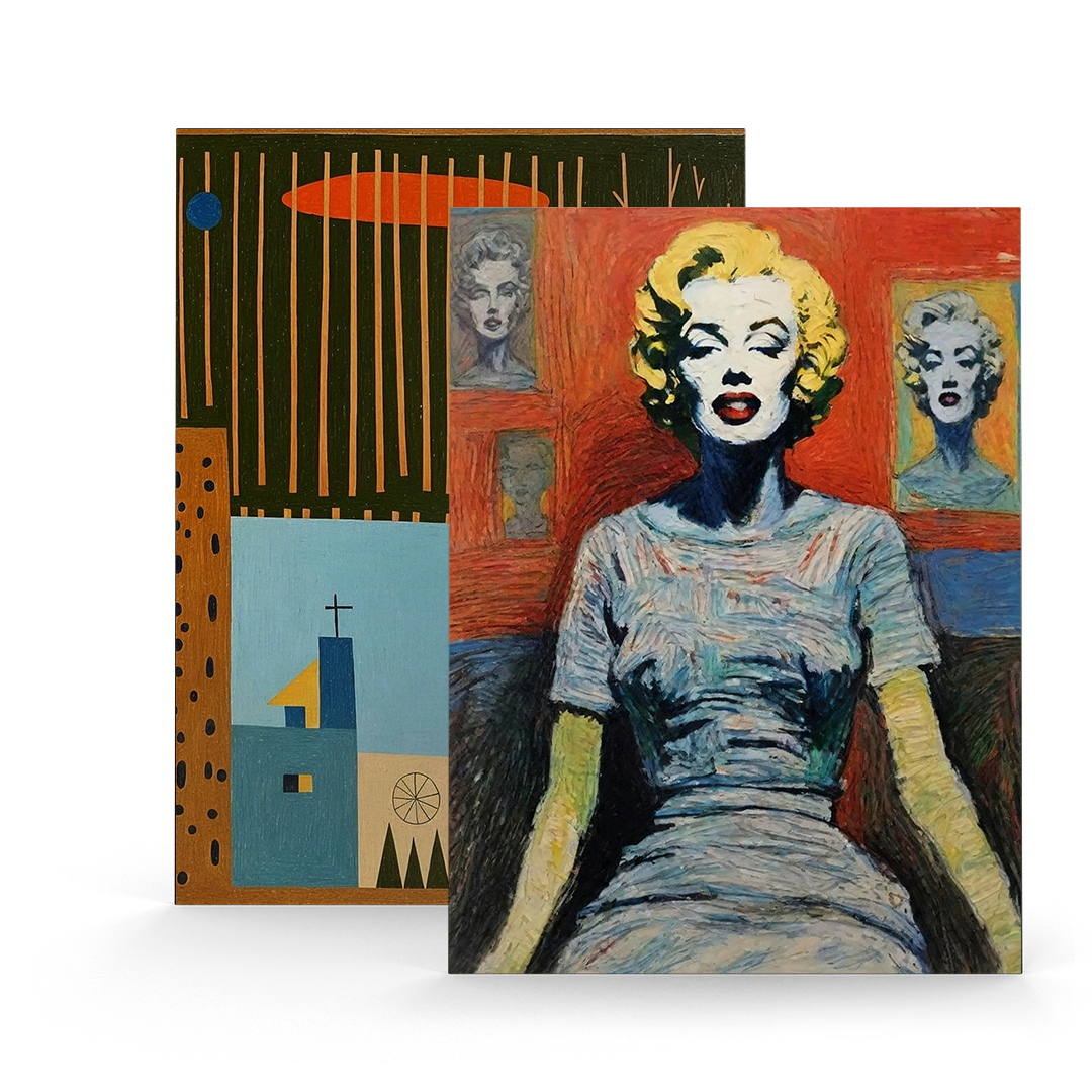 Expressive portrait of a woman in vibrant colors alongside a modern abstract geometric art piece, both displayed as canvas prints.