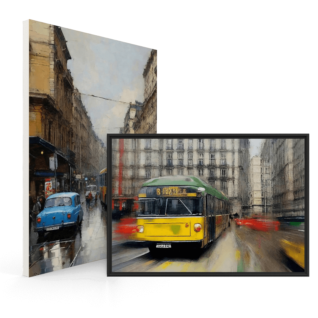 Two vintage transportation wall art prints featuring a tram and a classic car, showcasing urban street scenes with architectural backdrops.