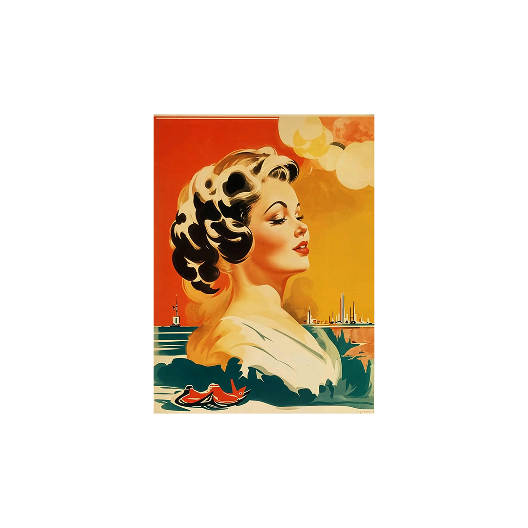 Vintage-inspired illustration of a woman with 1950s style hair, set against an orange and yellow sky with a futuristic city in the background.