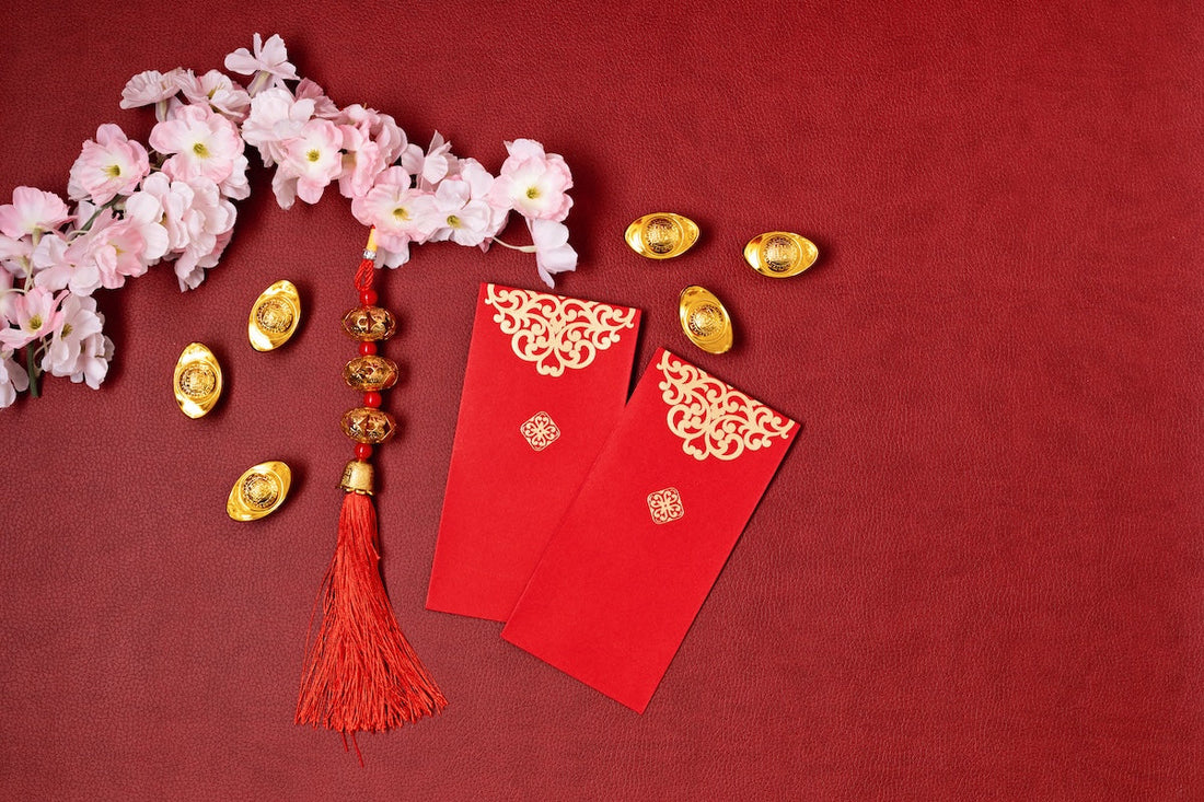 Golden inggot, red envelopes and flowers for good feng shui wall art decors