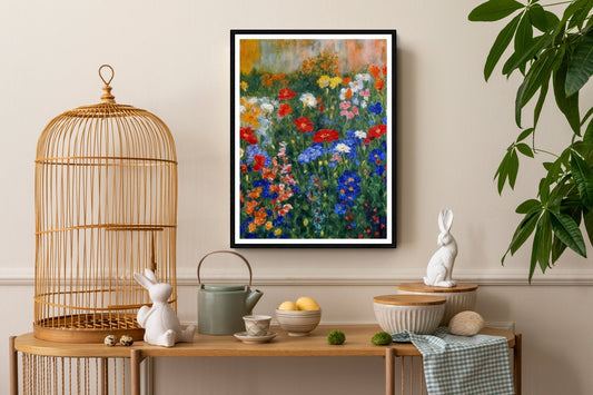 Kitchen table with lemon, eggs, bowls, and a fresh summer-themed wall art.