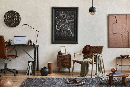 A cozy home office with a masculine wall art style