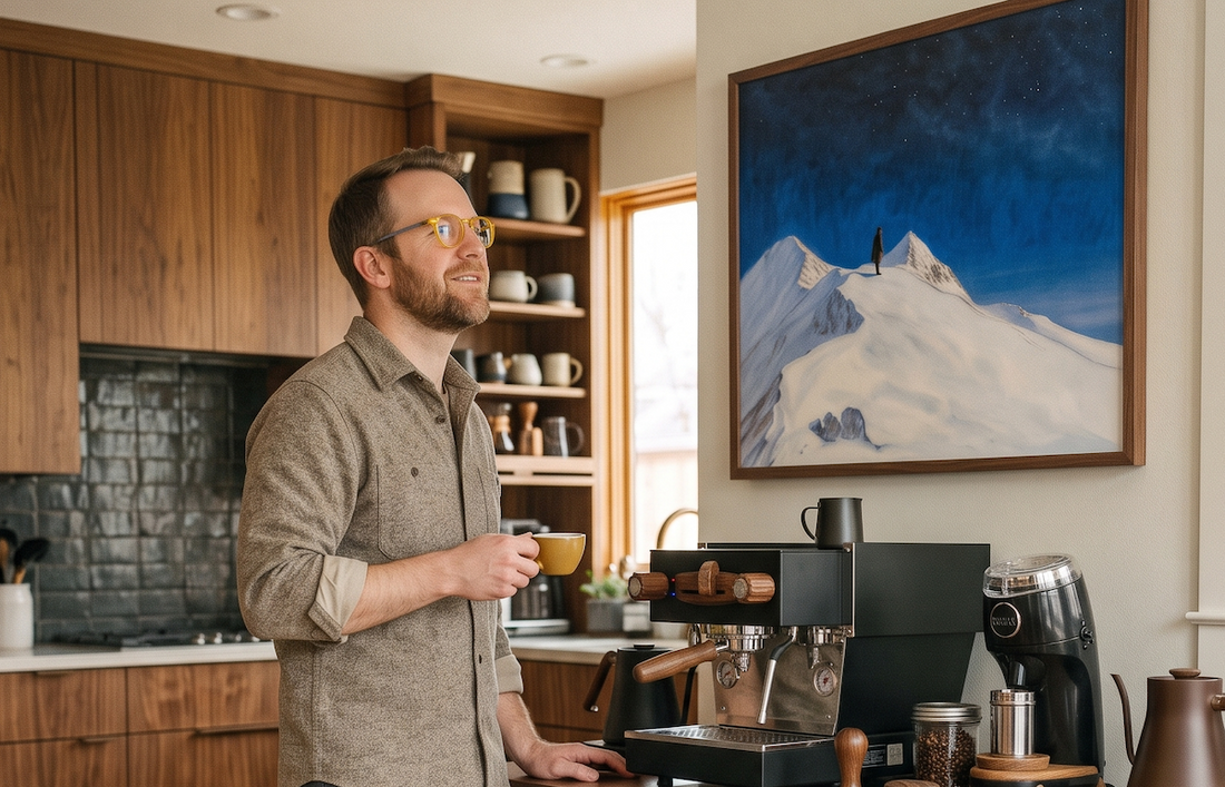 A man in the kitchen with coffee in his hand and admiring a Father's Day artwork gift under $150
