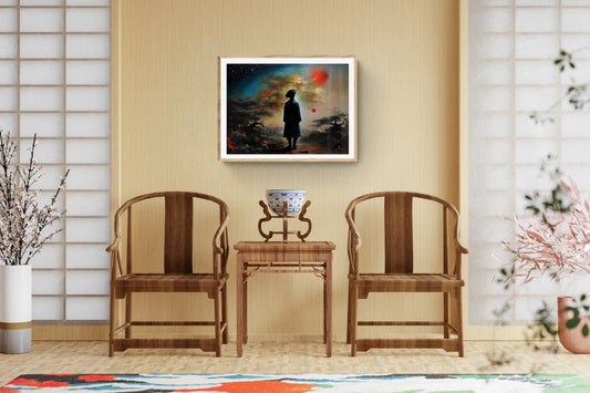 Japanese-style room with two wooden chairs, small table, and framed wall art above.