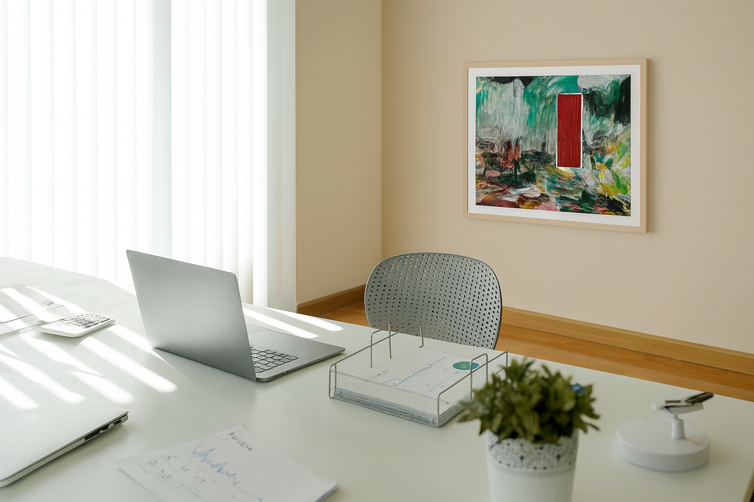 Minimalist executive office with a light-colored desk, laptop, an expressionist office wall art, and potted plant