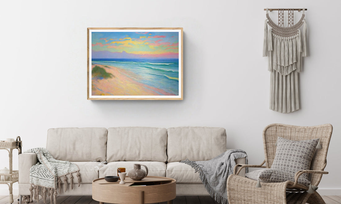 Neutral living room with beige sofa, wooden table, and beach wall art