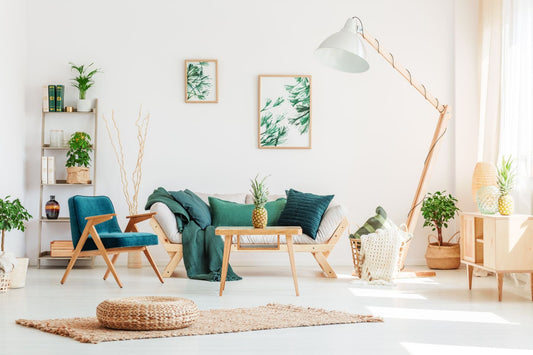 a modern living room with spring-themed art 