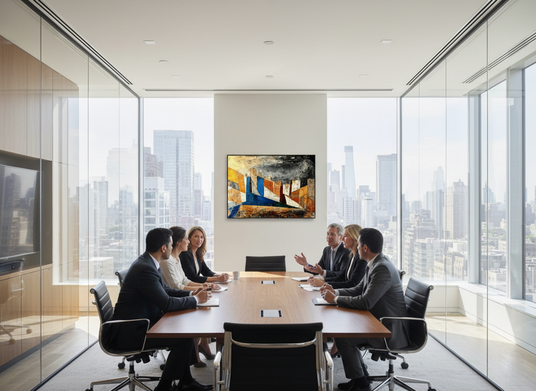 A boardroom meeting with a beautiful geometric abstract office wall art.