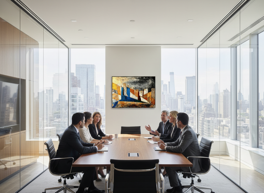 A boardroom meeting with a beautiful geometric abstract office wall art.