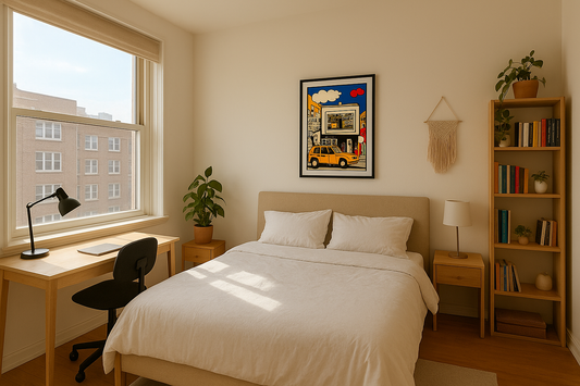  A photo of a tiny bedroom with wall art decor.