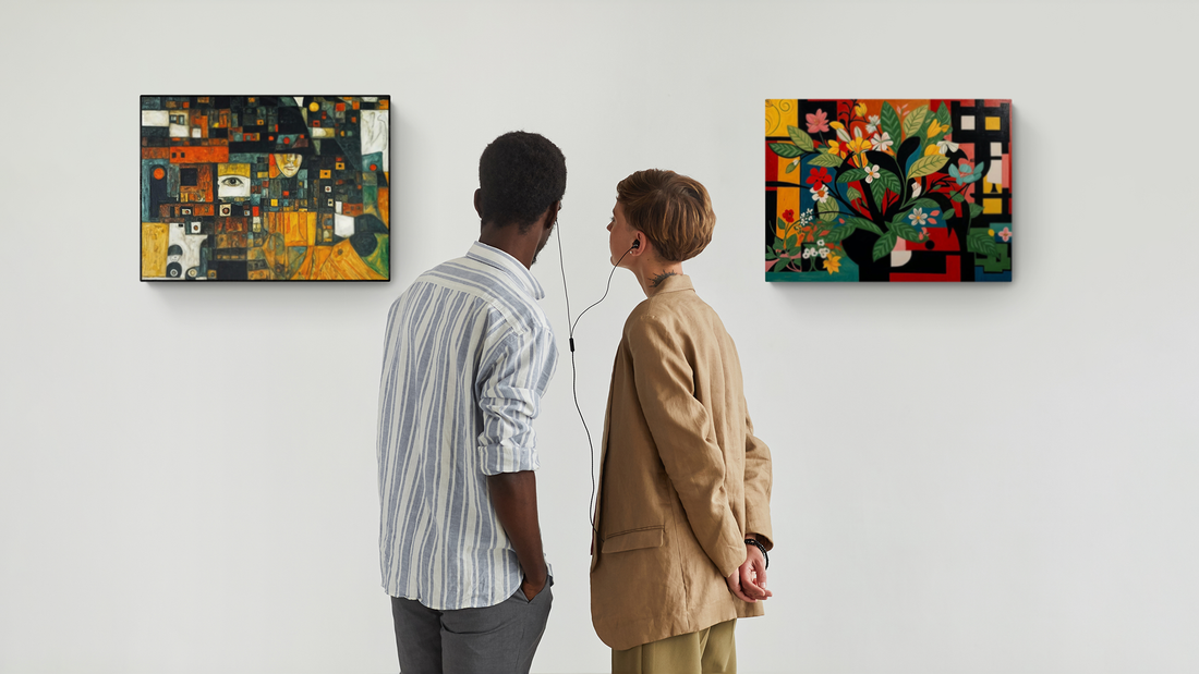 Two people admiring vibrant abstract and floral wall art in a modern gallery. The pair is sharing earphones while standing closely together, facing the artwork.