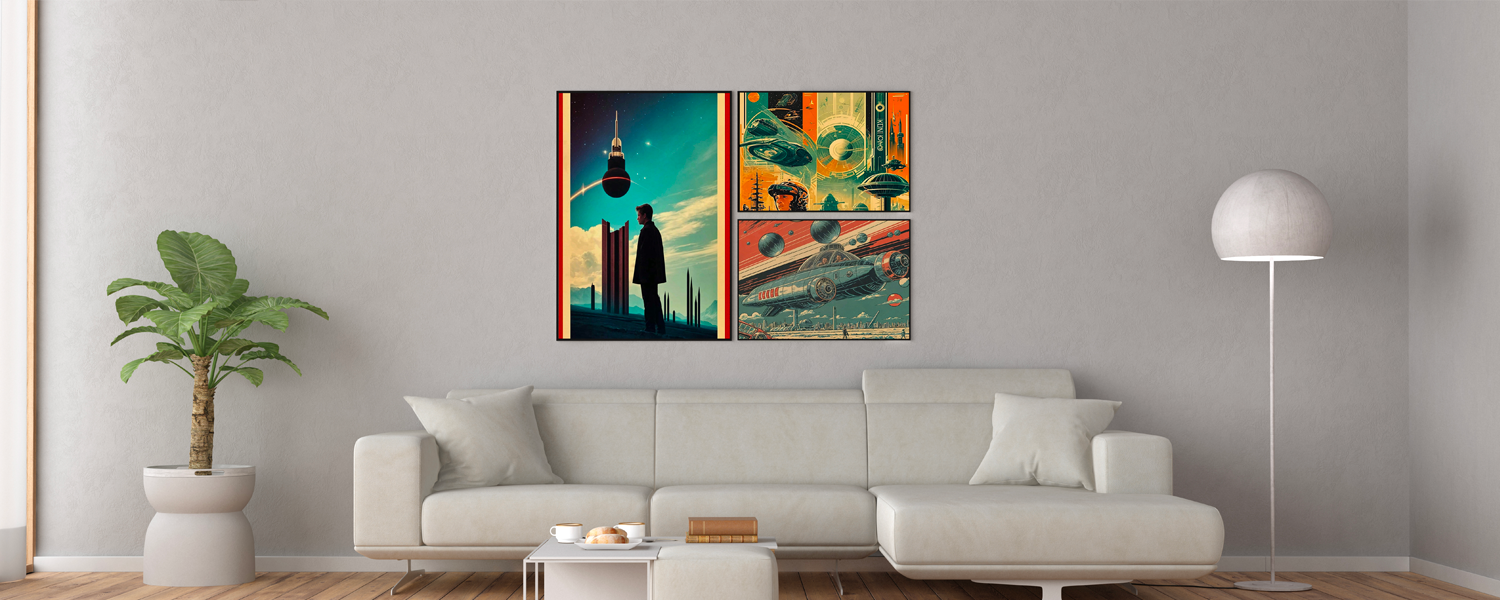 Modern living room with astronomy wall art, featuring futuristic space-themed prints, a beige sectional sofa, and minimalist decor elements.