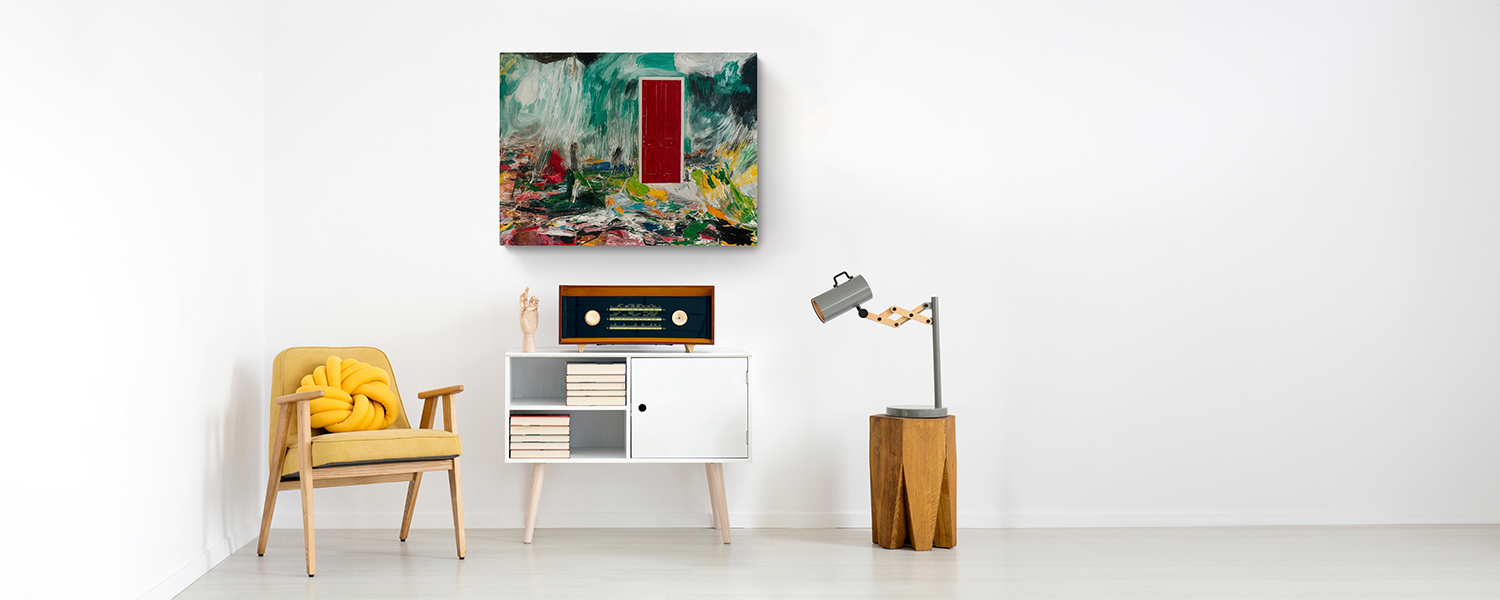 Modern living room with vibrant geometric wall art, a yellow armchair, white console with books, and a stylish floor lamp, creating a contemporary decor setting.