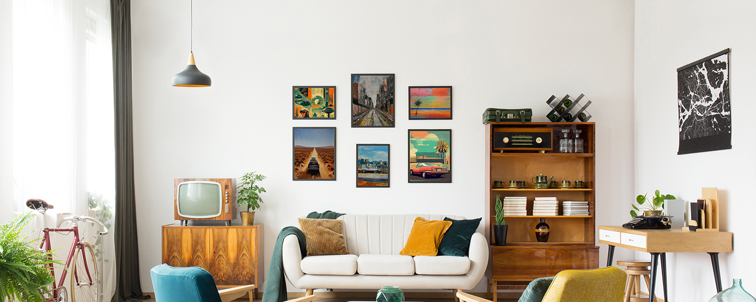 Retro-inspired living room with travel-themed wall art, mid-century furniture, and cozy seating, creating a stylish and nostalgic atmosphere.