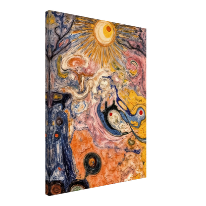 An abstract cosmic-inspired painting featuring a radiant sunburst at the top, swirling organic forms, flowing textures, and vibrant hues of gold, pink, blue, cream, and black that evoke a dreamlike universe in motion.