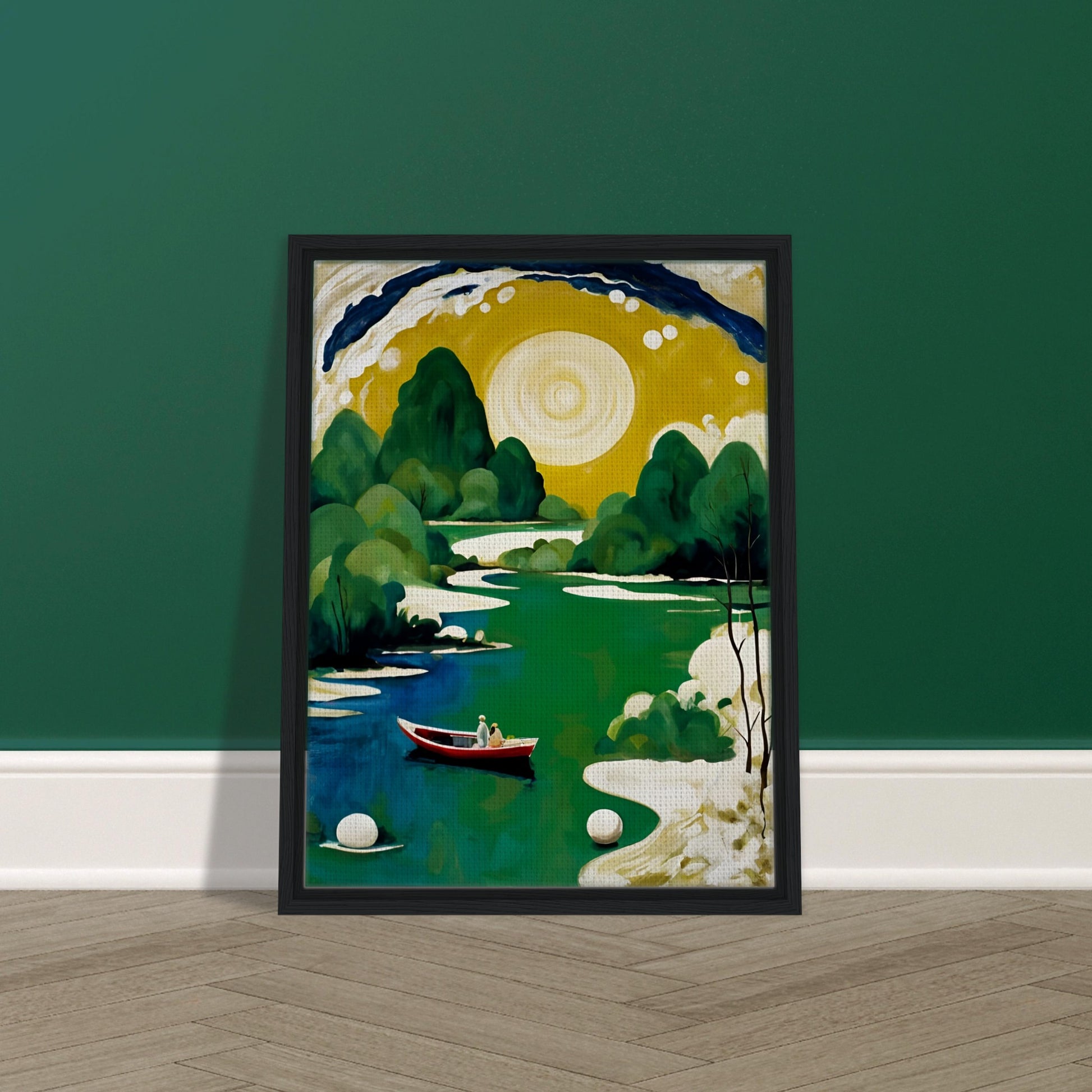 A peaceful river scene with a golden sun, lush green trees, and a small red boat carrying two figures, evoking serenity and wonder.