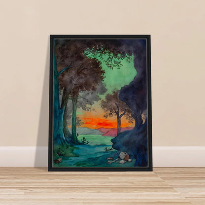 Sunset glows behind a forest clearing and mountain lake, framed by dark trees and vivid green and blue shadows.