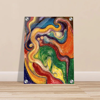 Lively spiral strokes in red, green, yellow, and blue twist and merge, forming a textured, flowing visual dialogue.