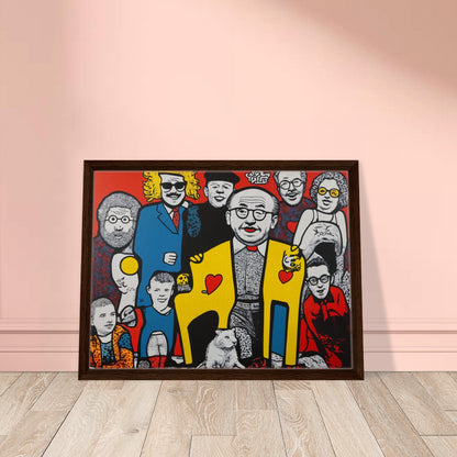 A vibrant pop-art style painting of a diverse group of people, featuring bold colors, stylized figures, and heart motifs on a red background.