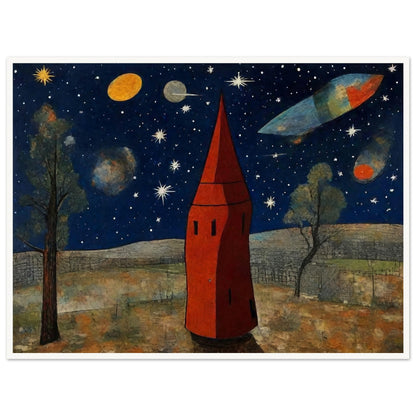 Whimsical scene of a red tower under a starry sky, with planets and a spaceship flying in a cosmic landscape surrounded by trees.