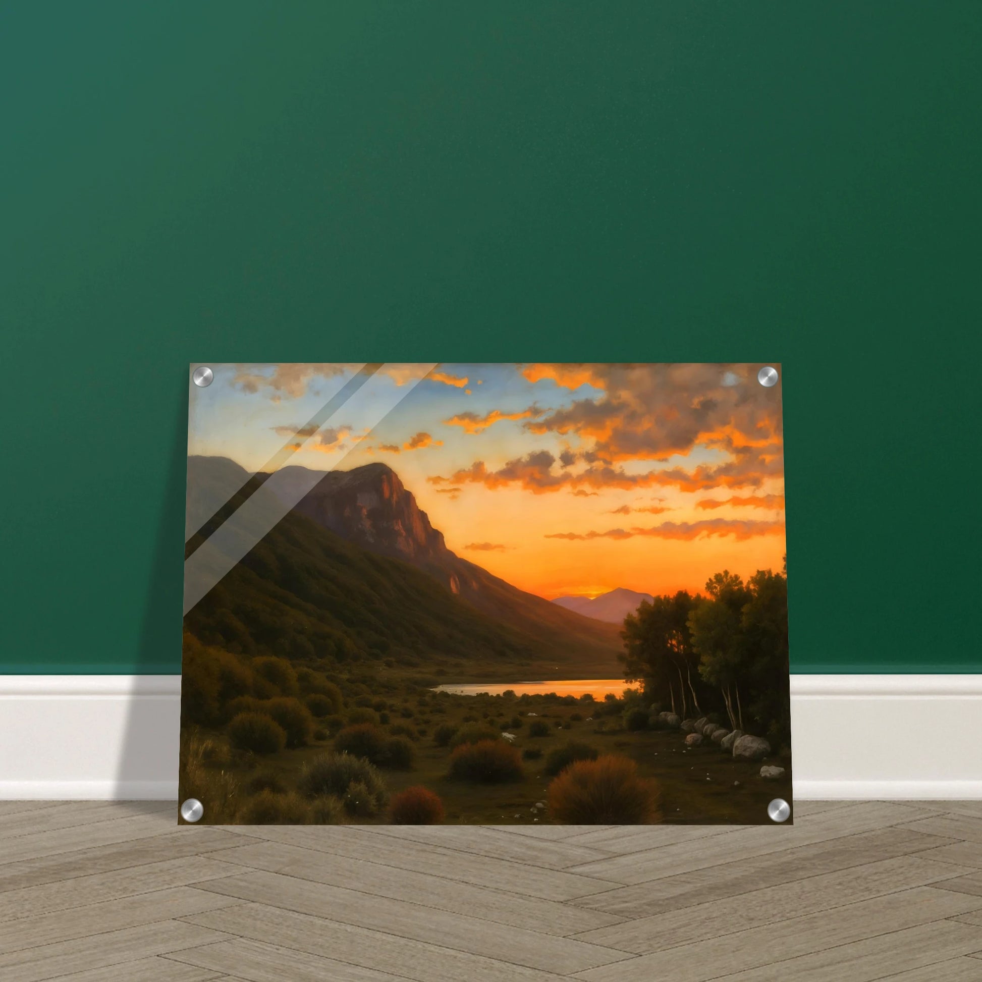 A warm landscape with a winding orange path lined by golden trees under a turquoise sky, leading toward a distant sea.