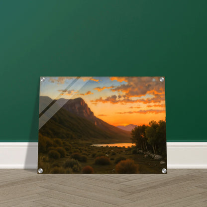 A warm landscape with a winding orange path lined by golden trees under a turquoise sky, leading toward a distant sea.