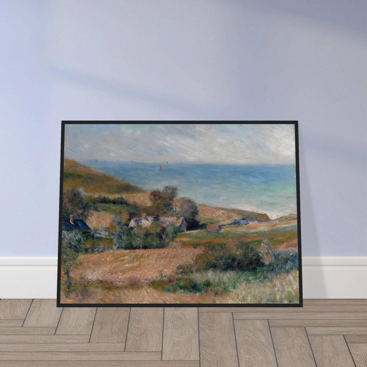A Normandy coast with grassy fields, cottages, and a calm blue sea beneath a pale sky.