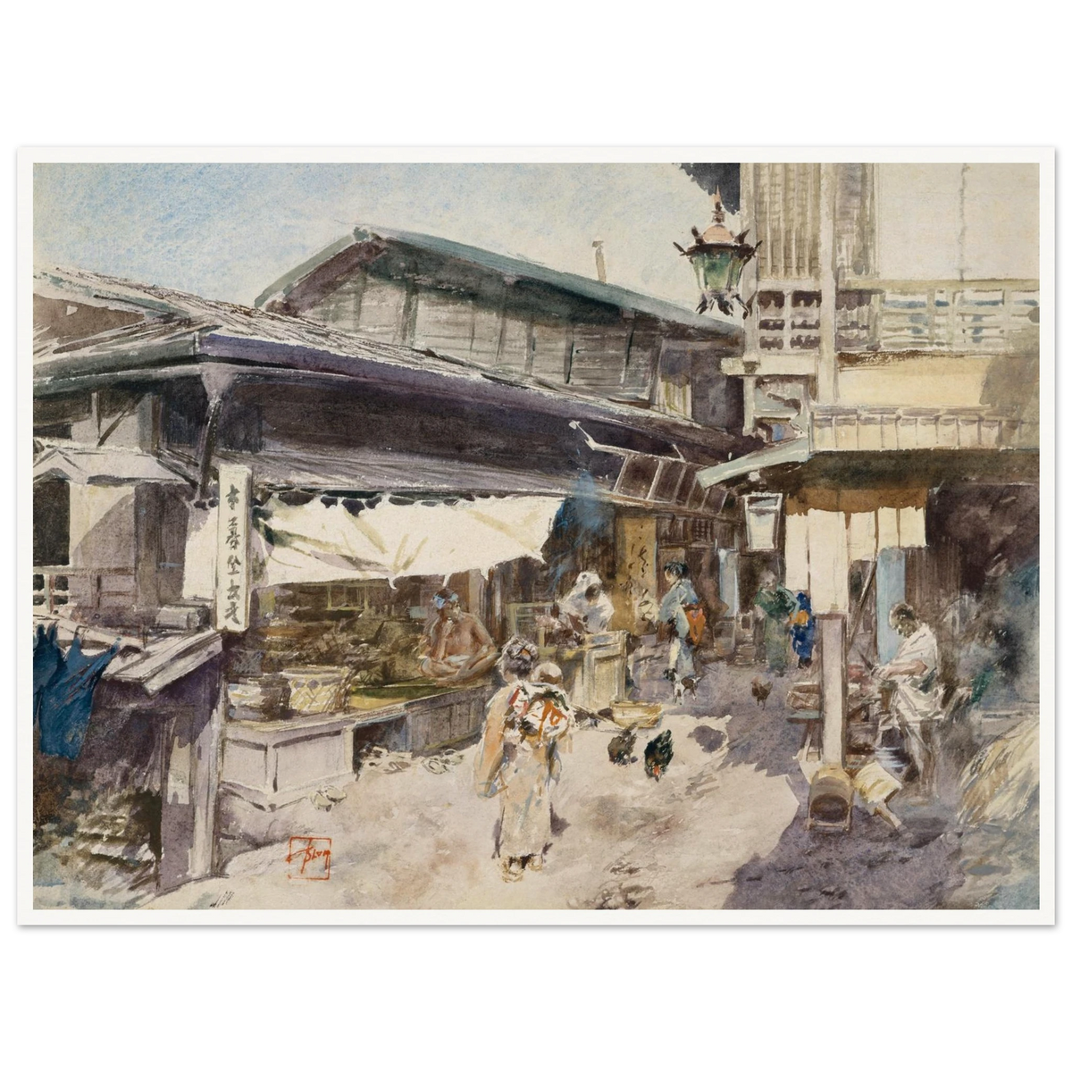 A lively Japanese street scene with shops, lantern, people, and chickens in soft watercolor.