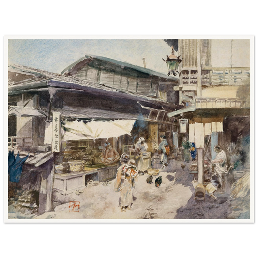 A lively Japanese street scene with shops, lantern, people, and chickens in soft watercolor.