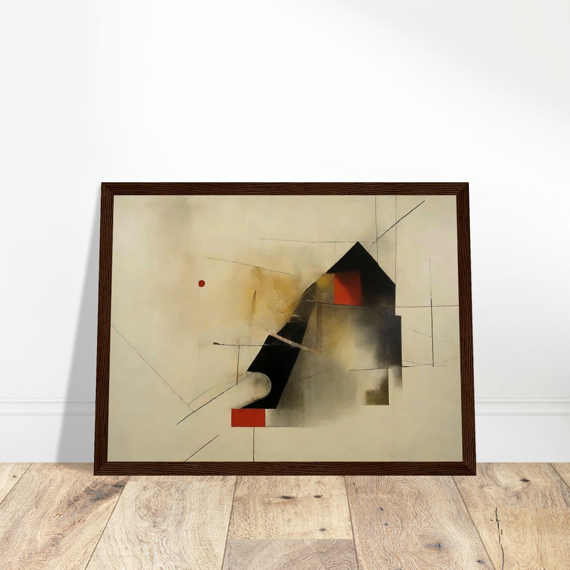 An abstract painting featuring geometric shapes and lines on a light background. A prominent black triangular shape is juxtaposed with red and white rectangles, and thin lines intersect across the canvas, creating a sense of movement and depth.