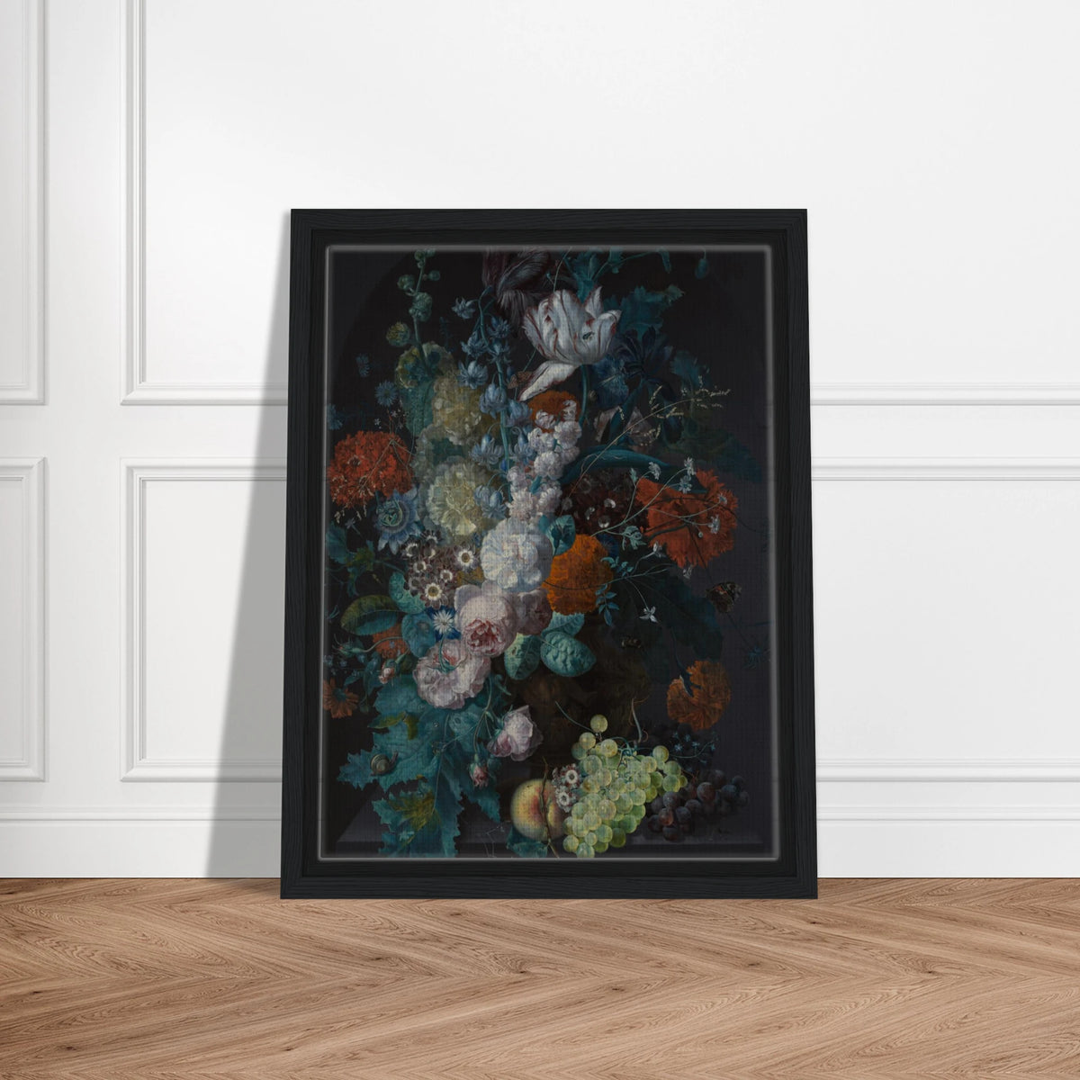 Lavish bouquet of tulips, roses, and peonies with grapes and peaches against a dark background.