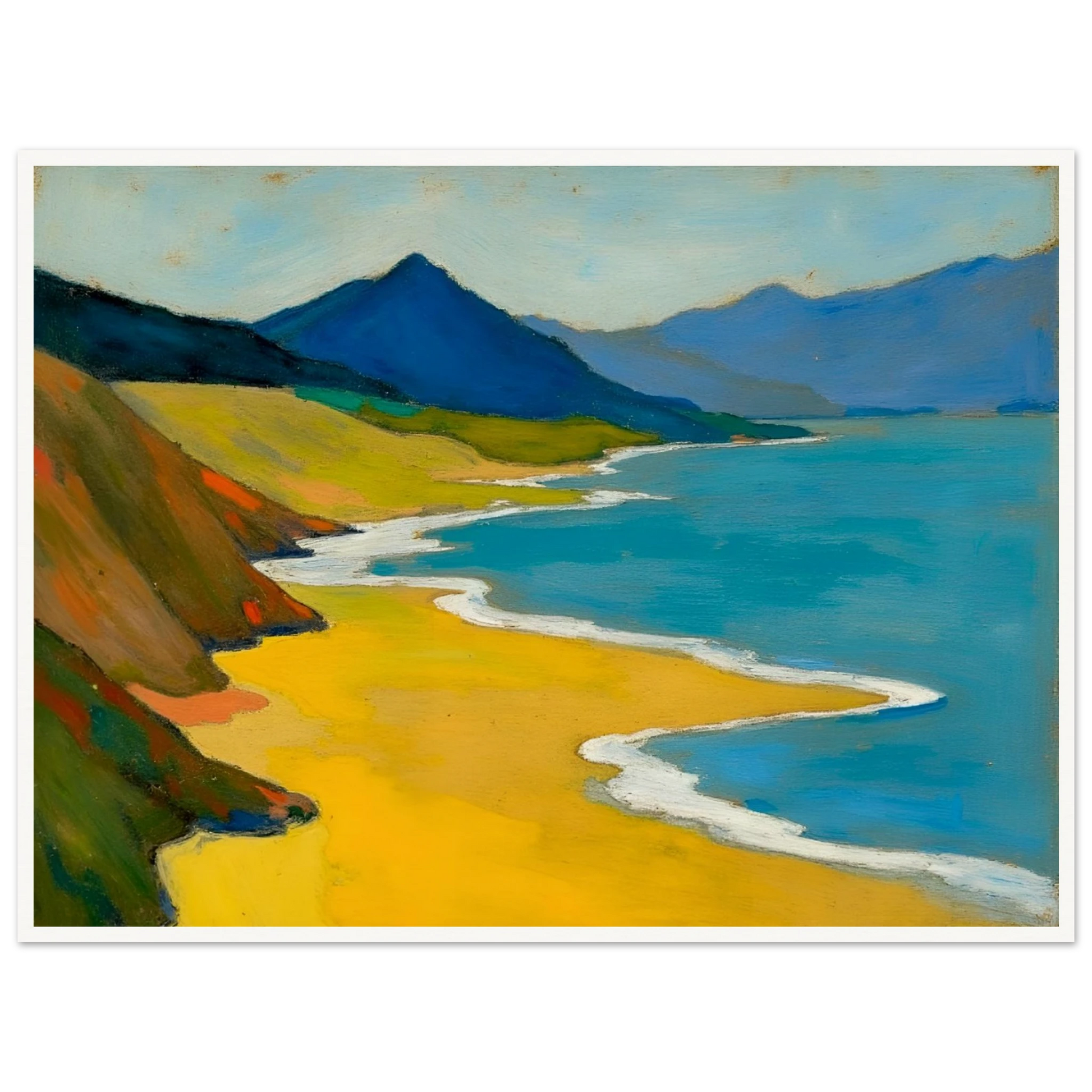 Golden shoreline curves beside turquoise water, green hills, and blue mountains under a pale sky.