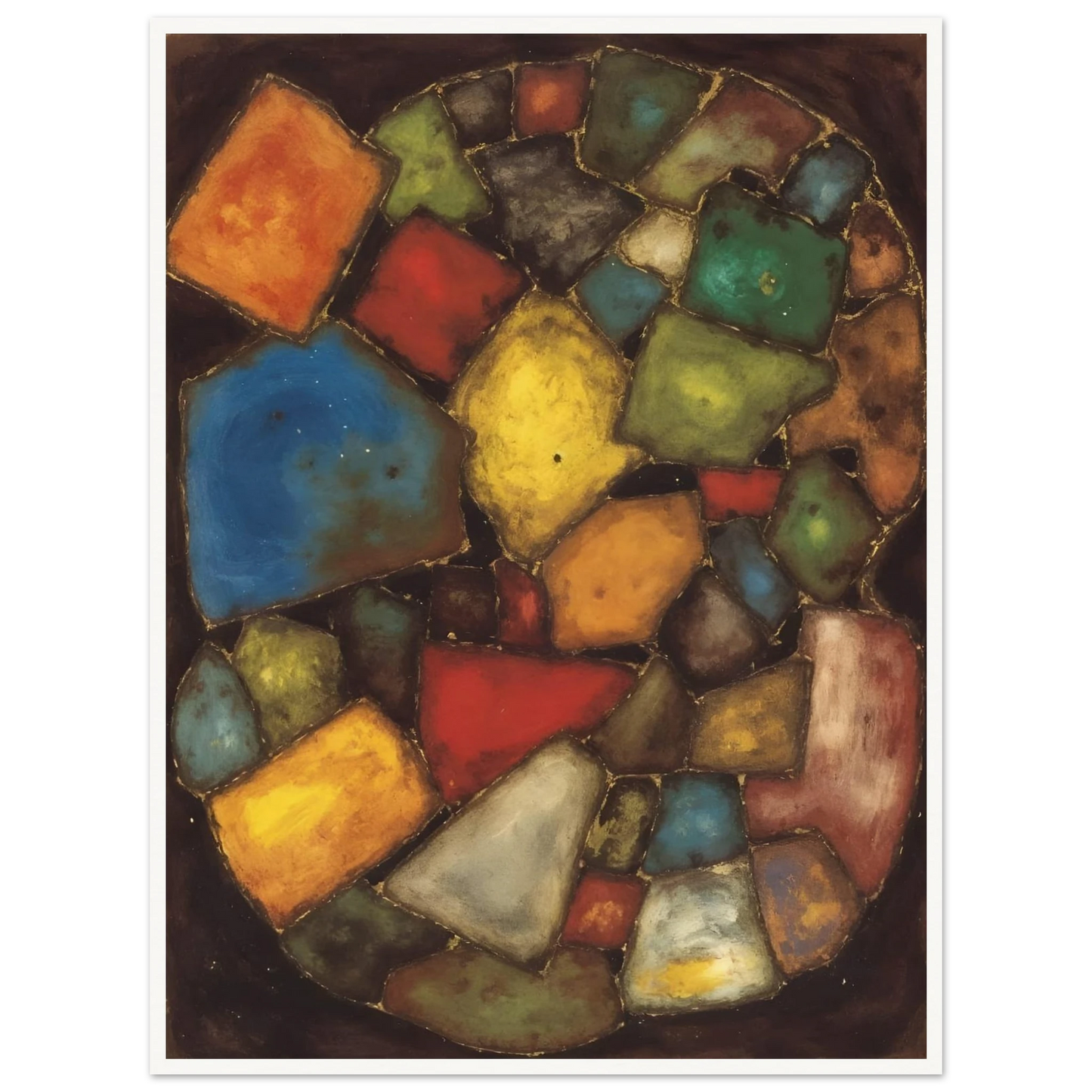 An abstract painting composed of colorful geometric shapes resembling polished stones or stained-glass fragments arranged within an oval composition against a dark background.