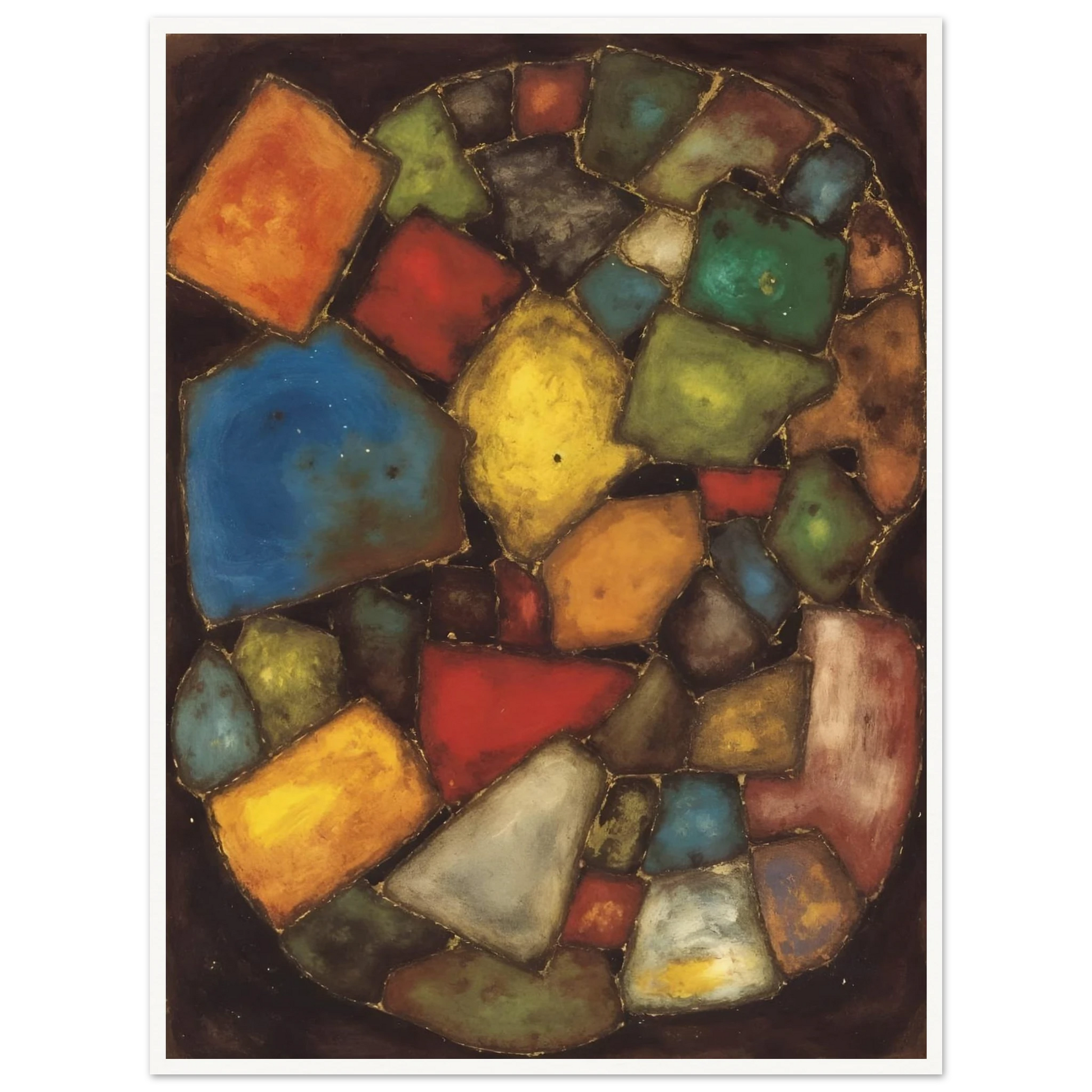 An abstract painting composed of colorful geometric shapes resembling polished stones or stained-glass fragments arranged within an oval composition against a dark background.