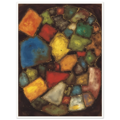 An abstract painting composed of colorful geometric shapes resembling polished stones or stained-glass fragments arranged within an oval composition against a dark background.