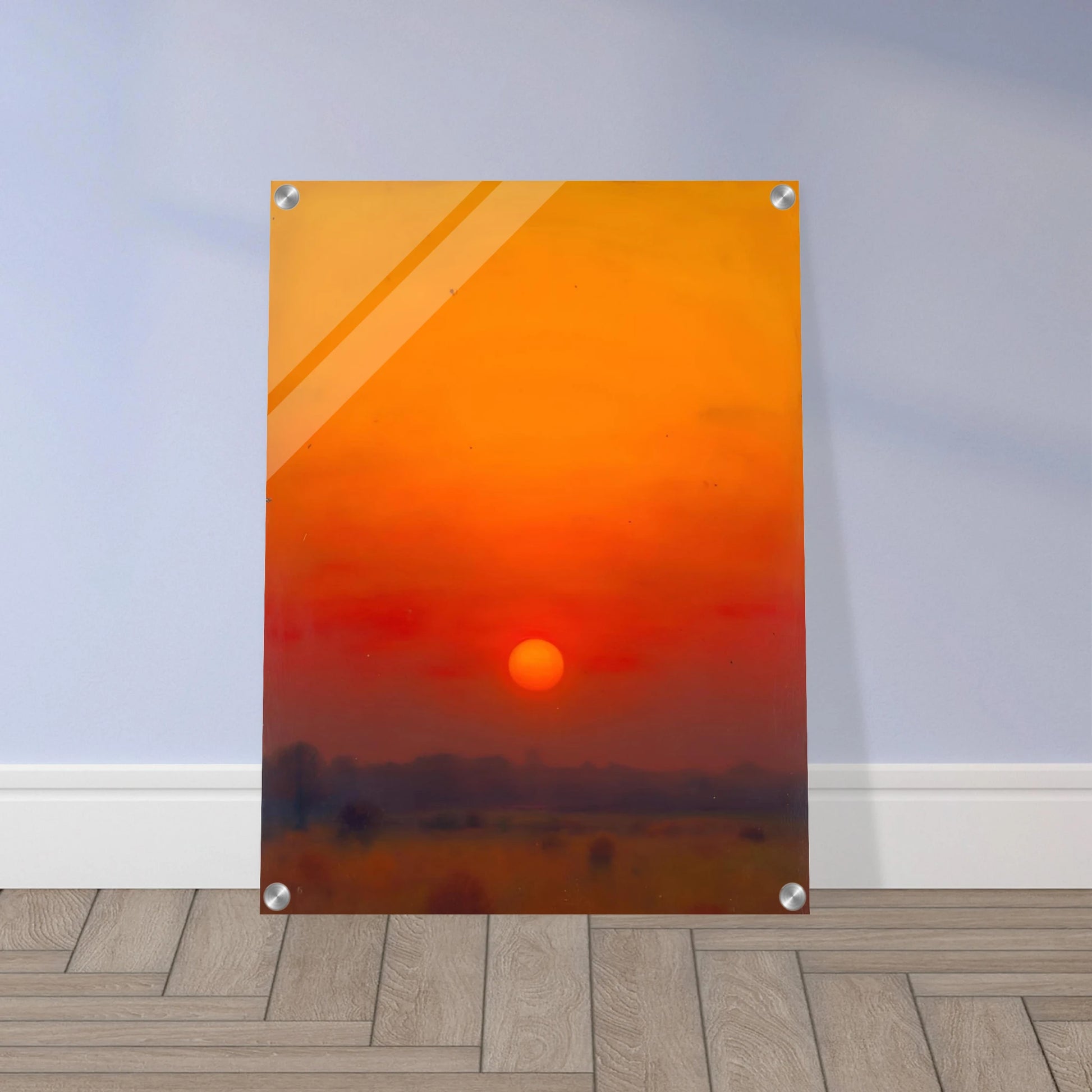 A golden-orange sunset over a hazy horizon, with the sun glowing in a vivid red and amber sky.
