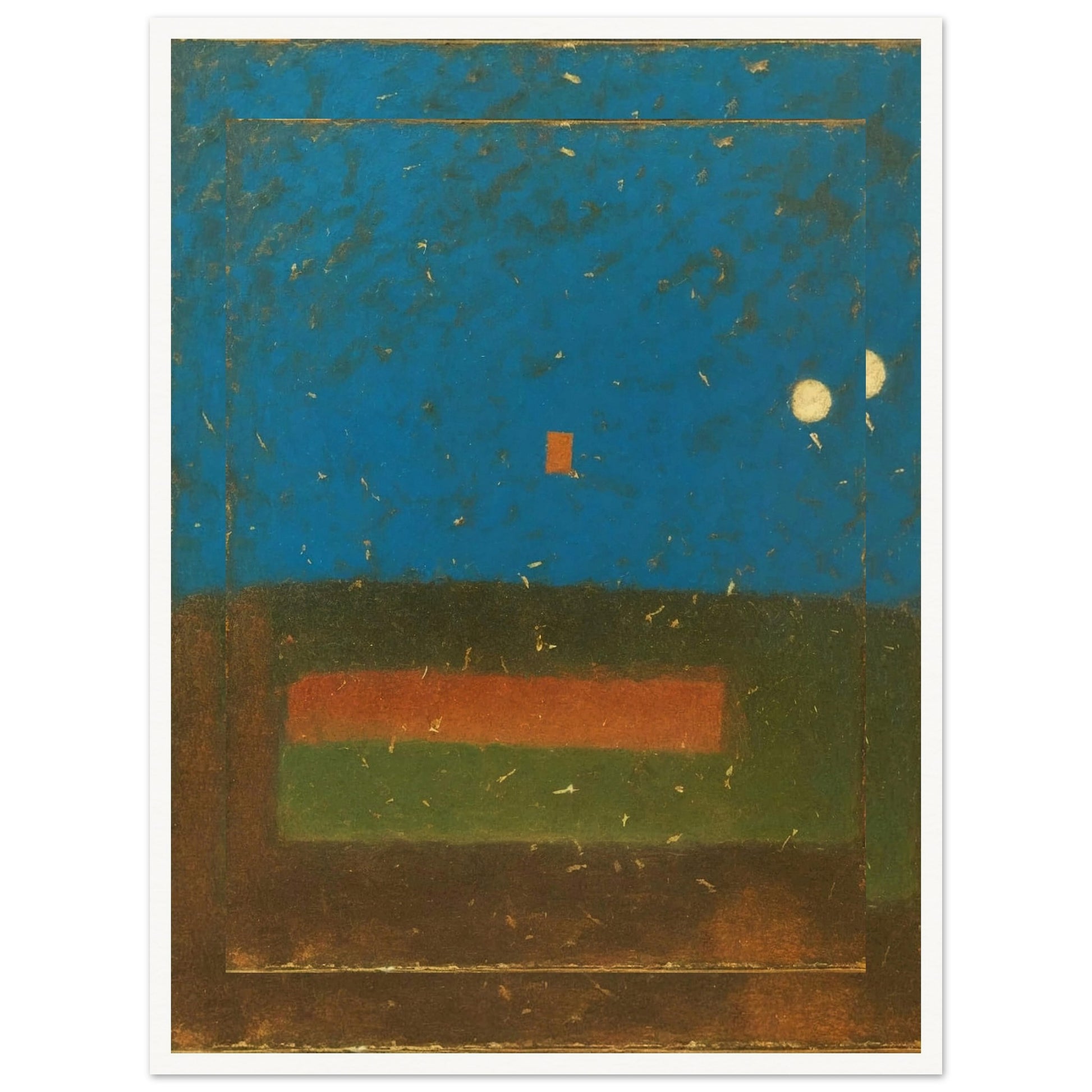 Minimalist painting featuring a deep blue sky with two glowing moons and a small orange square over a layered earth-toned foreground.