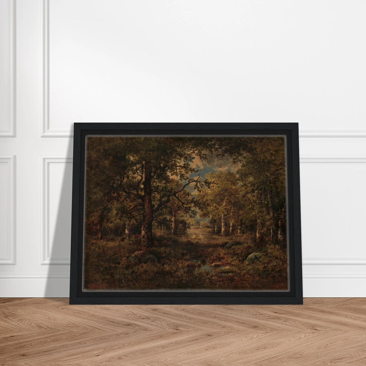 Wooded path opening to a sunlit view in Fontainebleau, with tall trees framing figures and a distant landscape.