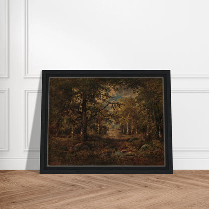 Wooded path opening to a sunlit view in Fontainebleau, with tall trees framing figures and a distant landscape.