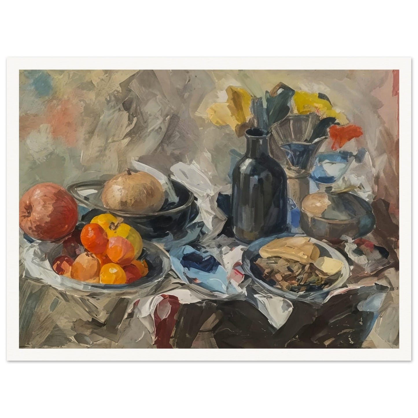 A rustic still life painting featuring a variety of fruits, a dark bottle, and scattered tableware on a draped table.