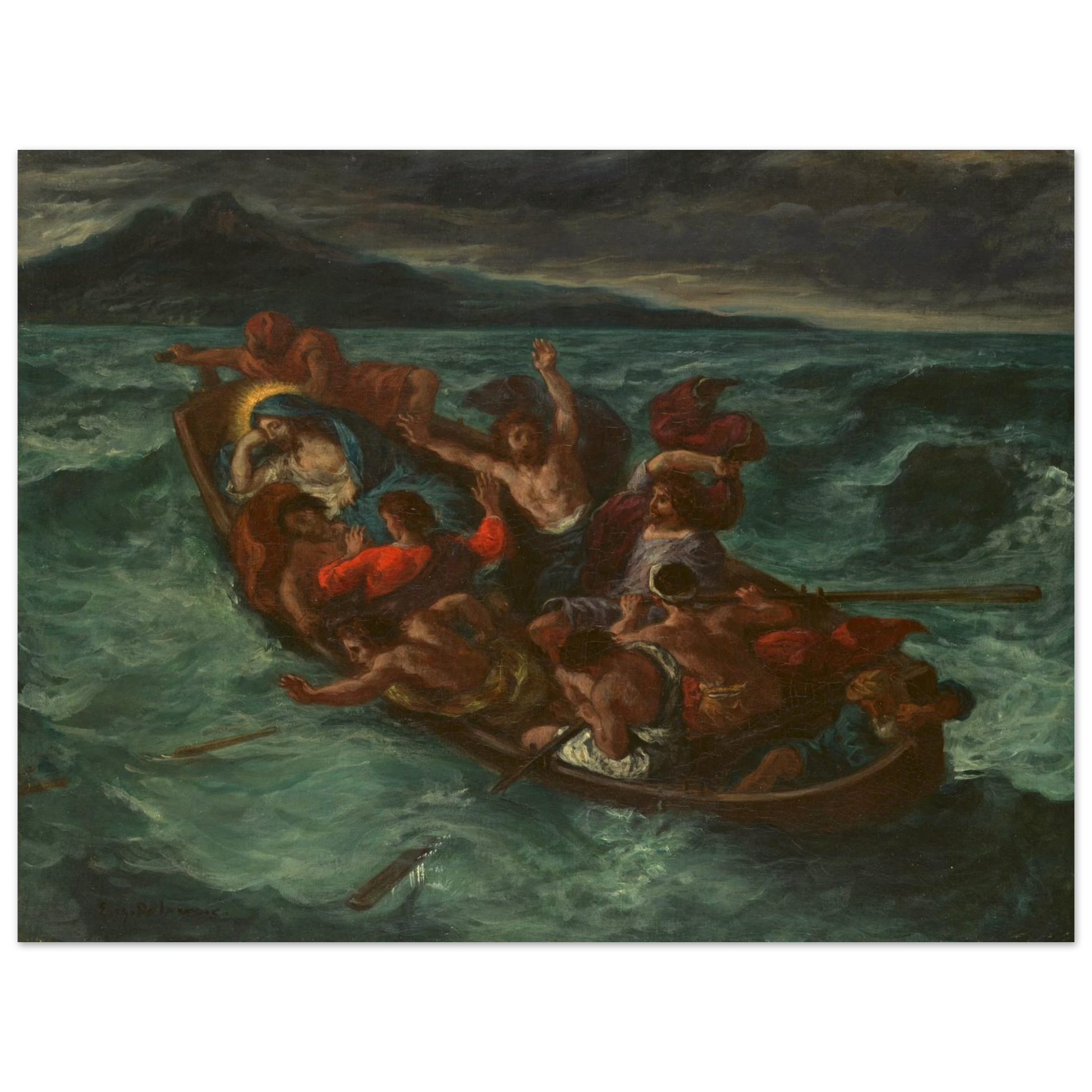 Christ sleeps in a crowded boat as terrified disciples struggle through a violent storm on a dark, churning sea.