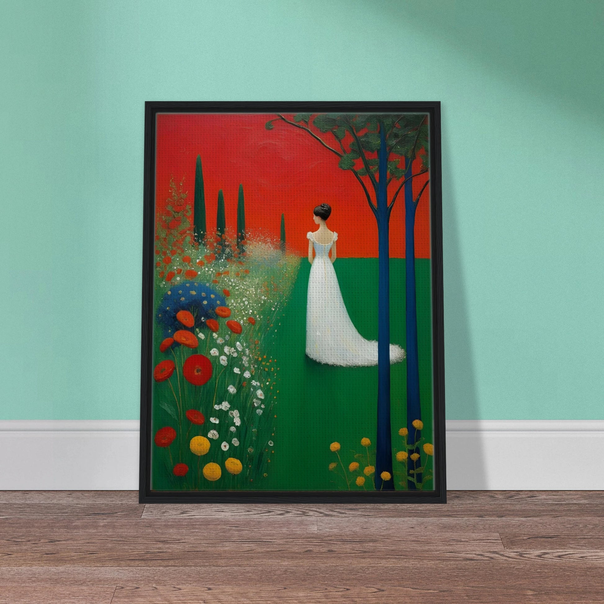 A woman in a white dress stands in a vibrant green field under a deep red sky, framed by dark trees and blooming wildflowers.